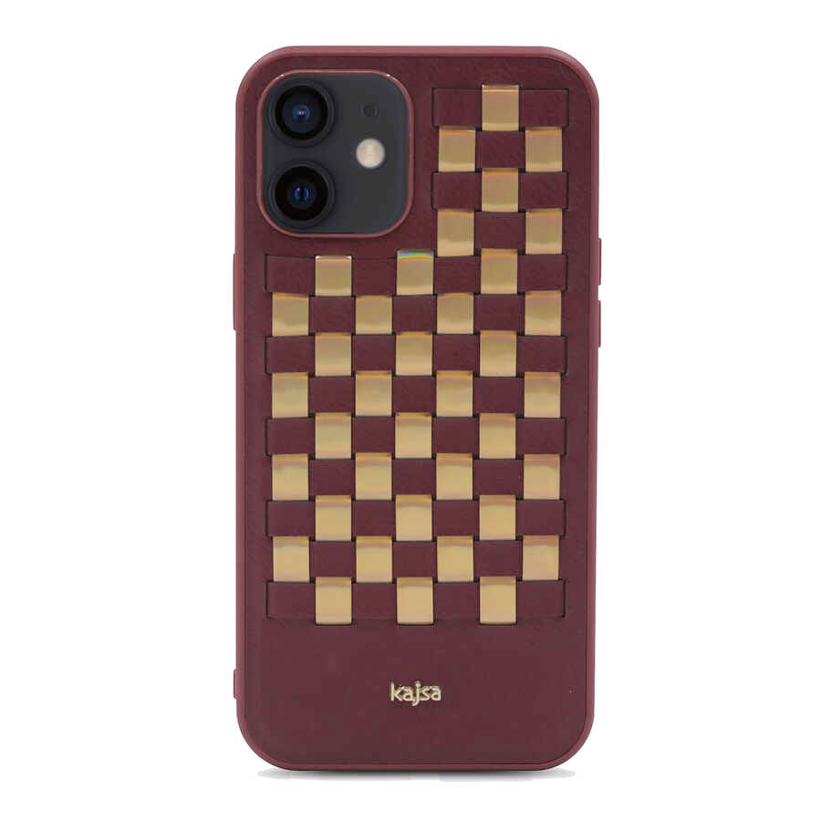 Apple iPhone 12 Kılıf Kajsa Preppie Serisi Spotlight Woven Kapak Bordo