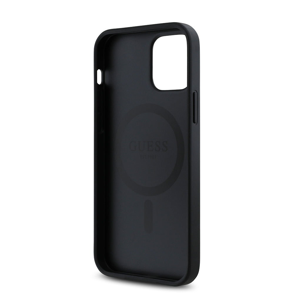 Apple iPhone 12 Pro Kılıf Guess Orjinal Lisanslı M-safe Şarj Özellikli Gül Baskılı 4G Desenli Yazı Logolu Kapak Siyah