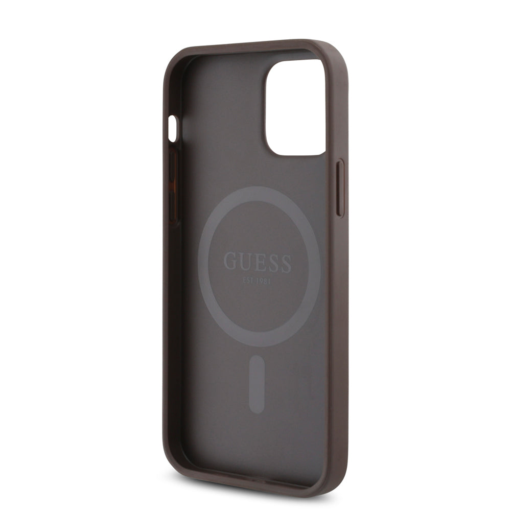 Apple iPhone 12 Pro Kılıf Guess Orjinal Lisanslı M-safe Şarj Özellikli Small 4G Classic Kapak Kahverengi