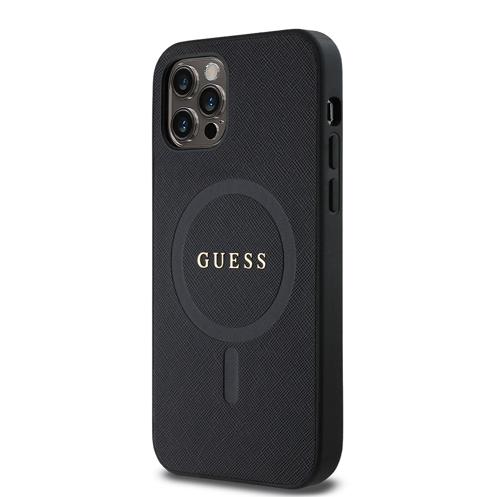Apple iPhone 12 Pro Kılıf Guess Orjinal Lisanslı M-safe Şarj Özellikli Yazı Logolu Saffiano Classic Kapak Siyah