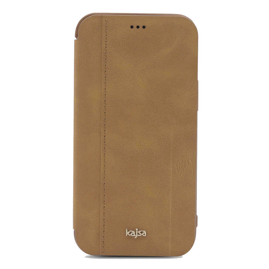 Apple iPhone 12 Pro Kılıf Kajsa Dale Serisi Parallel PU Folio Kapaklı Kılıf Kahve Açık
