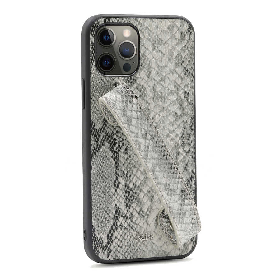Apple iPhone 12 Pro Kılıf Kajsa Glamorous Serisi Snake Handstrap Kapak Gri