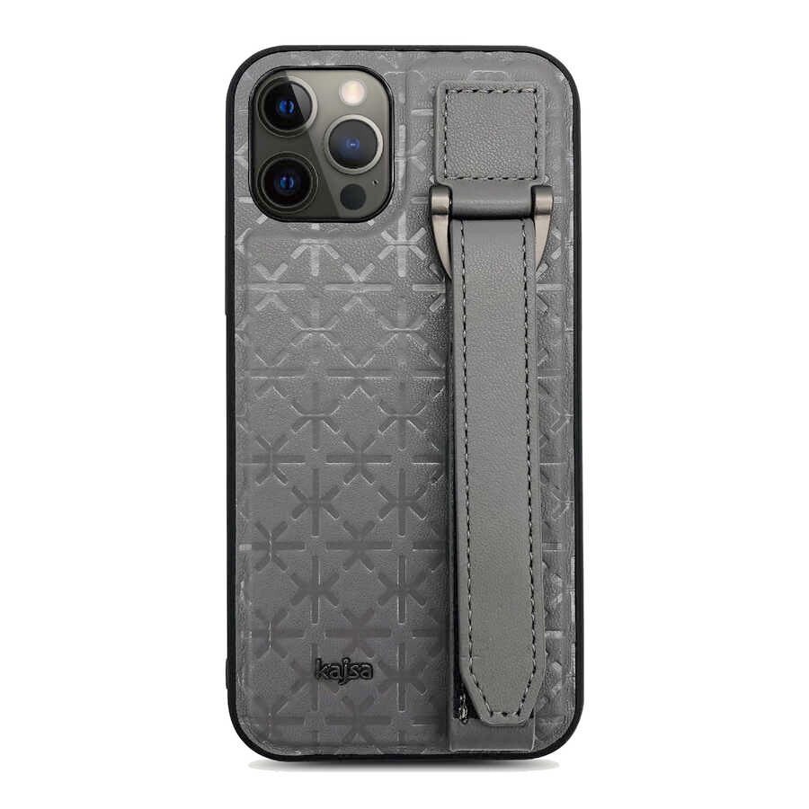 Apple iPhone 12 Pro Kılıf Kajsa Neo Clasic Serisi Mono K Strap Kapak Gri