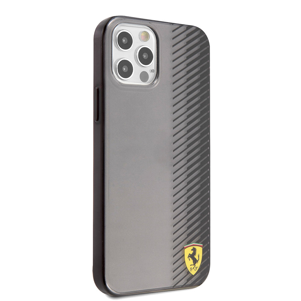 Apple iPhone 12 Pro Max Kılıf Ferrari Orjinal Lisanlı Klasik Metal Logolu Transparan Çizgi Desenli Gradient Kapak Siyah