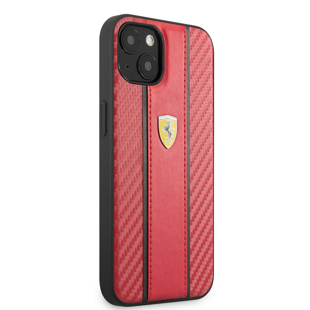 Apple iPhone 13 Kılıf Ferrari Orjinal Lisanslı PU Deri Ve Karbon Dizayn Kapak Kırmızı