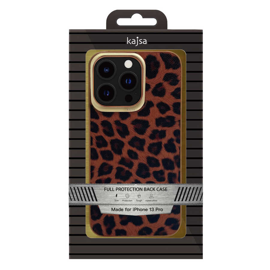 Apple iPhone 13 Kılıf Kajsa Glamorous Serisi Leopard Combo Kapak Kahverengi