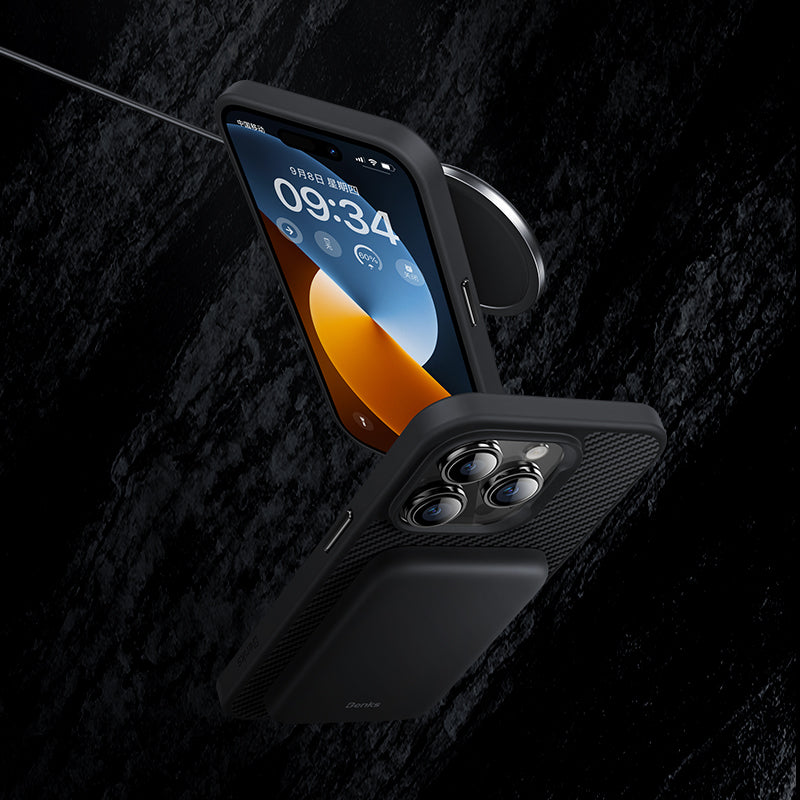 Apple iPhone 13 Kılıf Karbon Fiber M-safe Şarj Özellikli Benks 600D Hybrid Kevlar Kapak Siyah