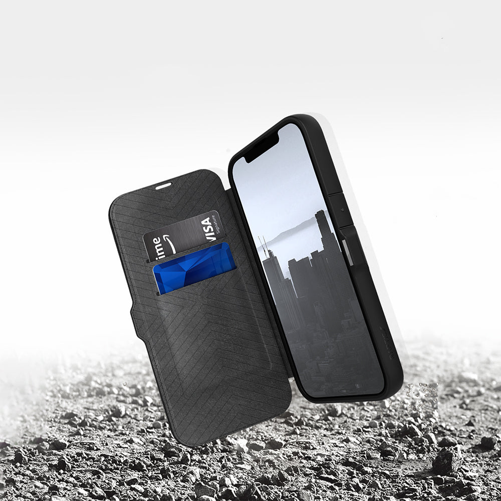 Apple iPhone 13 Kılıf Vegan Deri Tasarımlı Şeffaf Arka Yüzey Kartlıklı Raptic Urban Folio Serisi Kapak Siyah