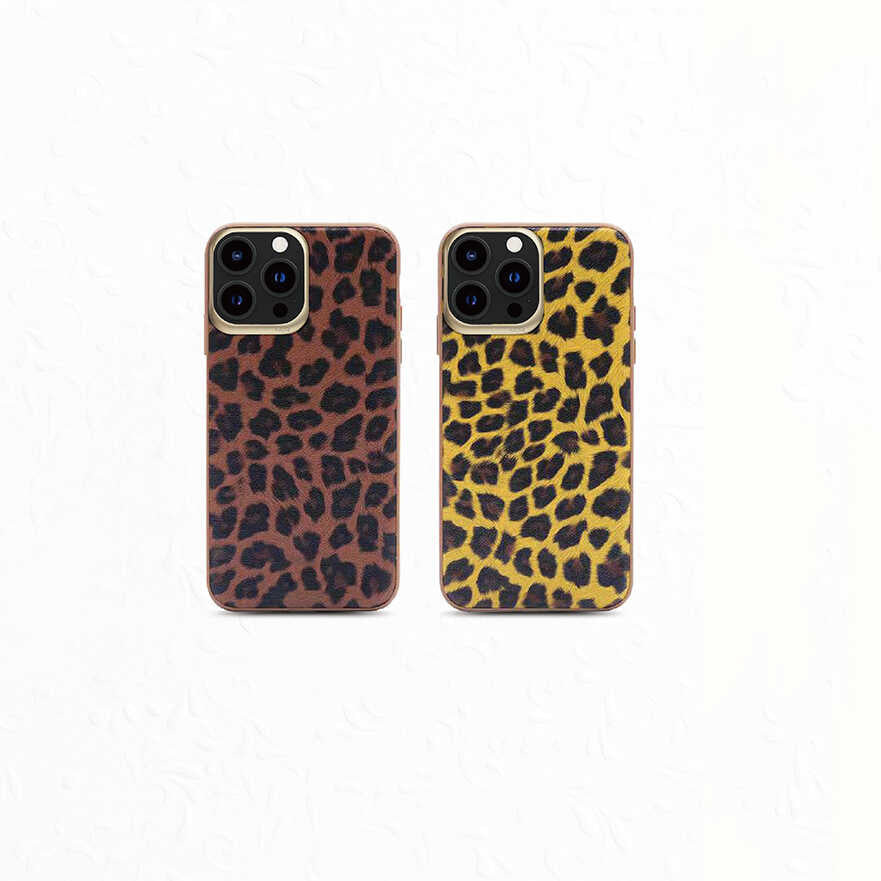 Apple iPhone 13 Pro Kılıf Kajsa Glamorous Serisi Leopard Combo Kapak Kahverengi
