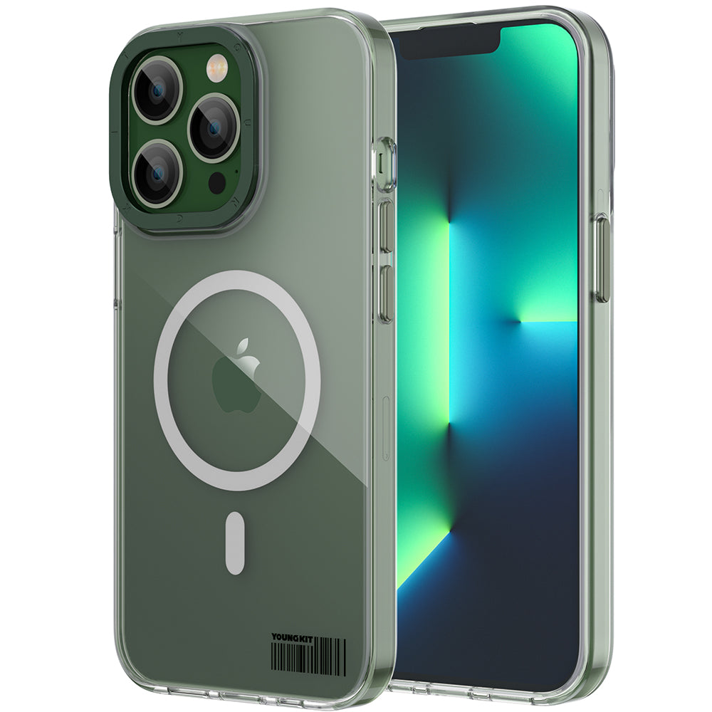 Apple iPhone 13 Pro Kılıf M-safe Şarj Özellikli Youngkit Coloured Glaze Serisi Kapak Yeşil