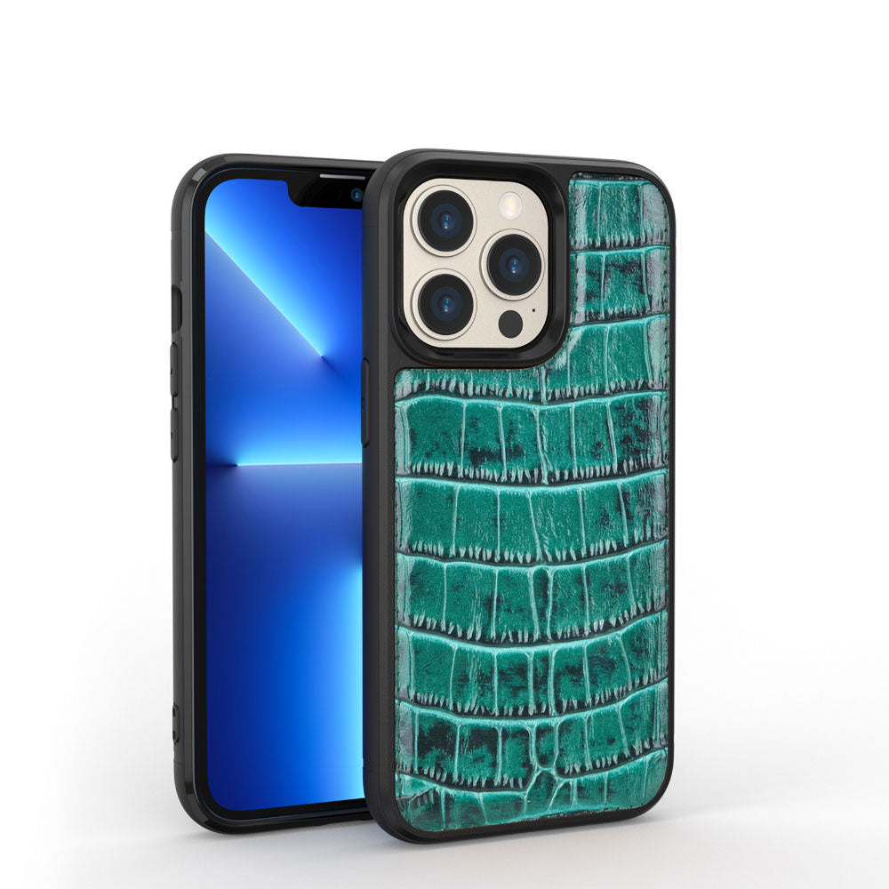 Apple iPhone 13 Pro Kılıf Wiwu Croco Pattern Calfskin Orjinal Deri Kapak Yeşil