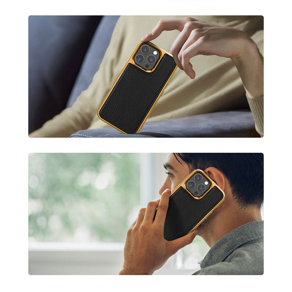 Apple iPhone 13 Pro Kılıf Wiwu Genuine Leather Gold Calfskin Orjinal Deri Kapak Mavi