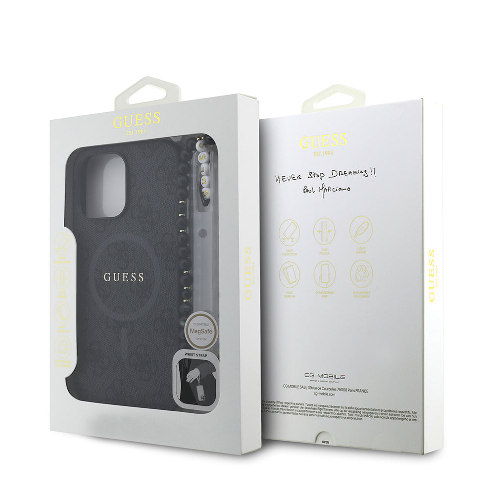 Apple iPhone 13 Pro Max Kılıf Guess Orjinal Lisanslı M-safe Şarj Özellikli PU Deri Bilek Askı İpli Yazı Logolu Kapak Pembe