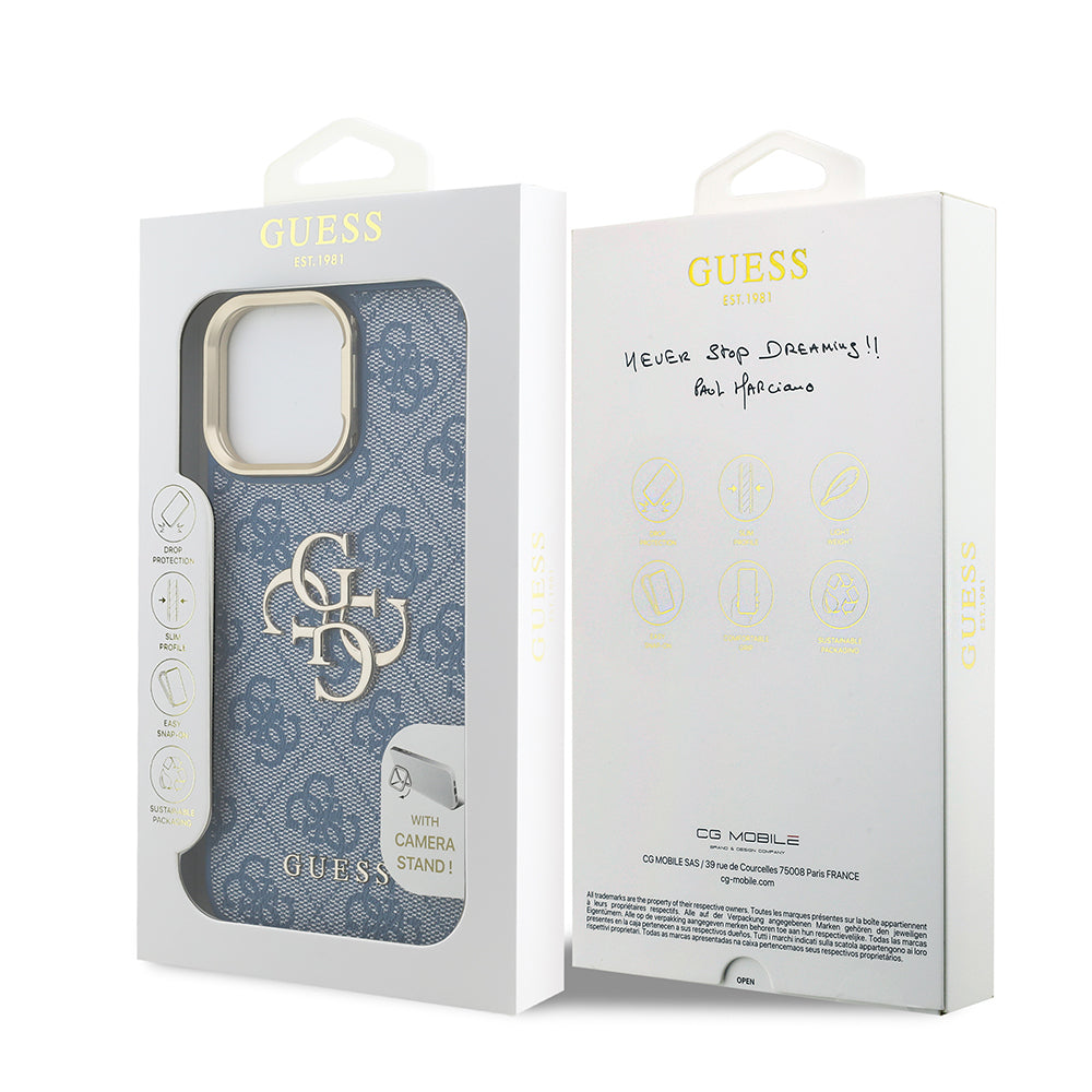 Apple iPhone 13 Pro Max Kılıf Guess Orjinal Lisanslı PU Deri 4G Desenli Metal Büyük 4G ve Yazı Logolu Kamera Standlı Kapak Mavi