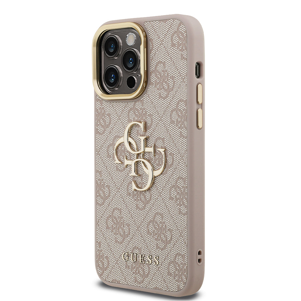 Apple iPhone 13 Pro Max Kılıf Guess Orjinal Lisanslı PU Deri 4G Desenli Metal Büyük 4G ve Yazı Logolu Kamera Standlı Kapak Pembe