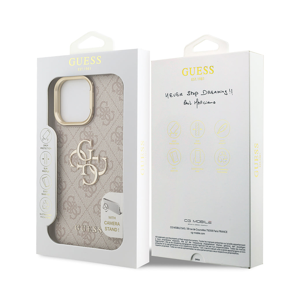 Apple iPhone 13 Pro Max Kılıf Guess Orjinal Lisanslı PU Deri 4G Desenli Metal Büyük 4G ve Yazı Logolu Kamera Standlı Kapak Kahverengi