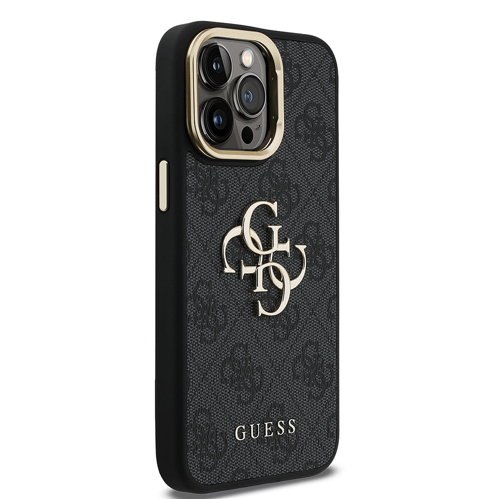 Apple iPhone 13 Pro Max Kılıf Guess Orjinal Lisanslı PU Deri 4G Desenli Metal Büyük 4G ve Yazı Logolu Kamera Standlı Kapak Siyah