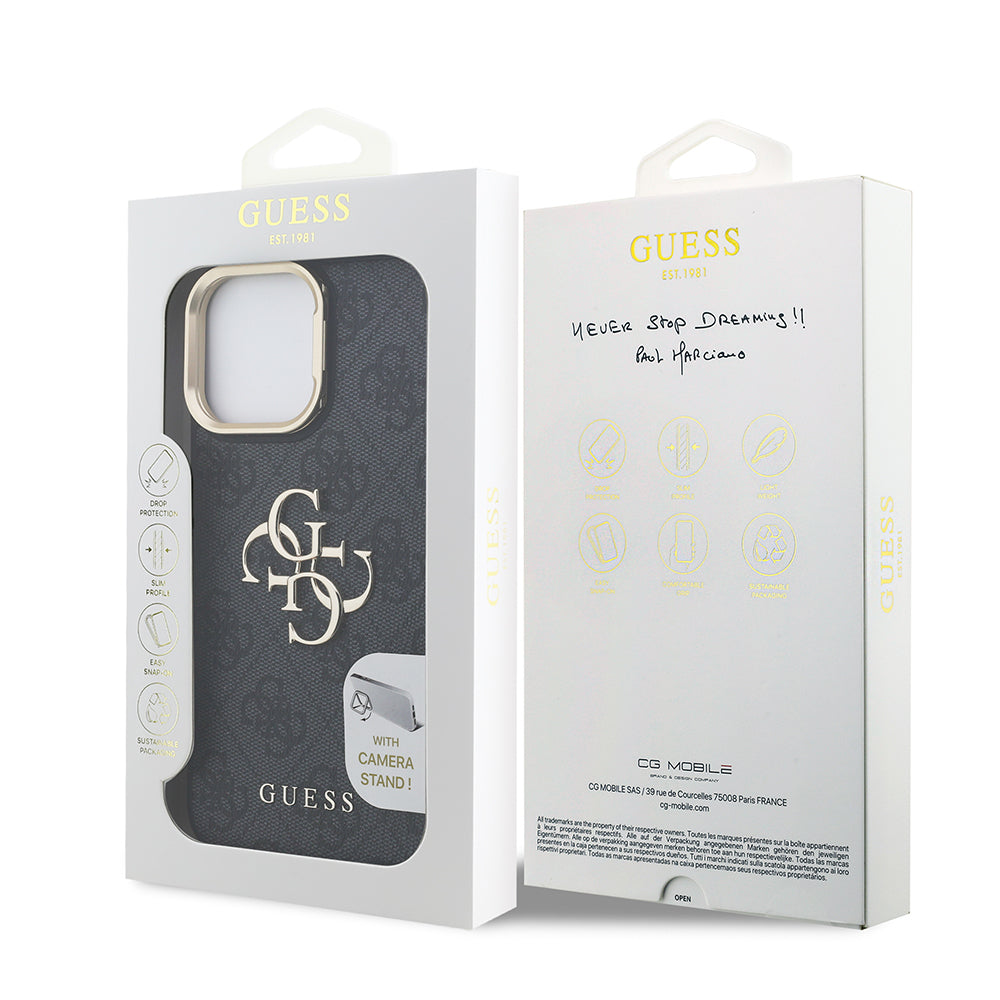 Apple iPhone 13 Pro Max Kılıf Guess Orjinal Lisanslı PU Deri 4G Desenli Metal Büyük 4G ve Yazı Logolu Kamera Standlı Kapak Mavi