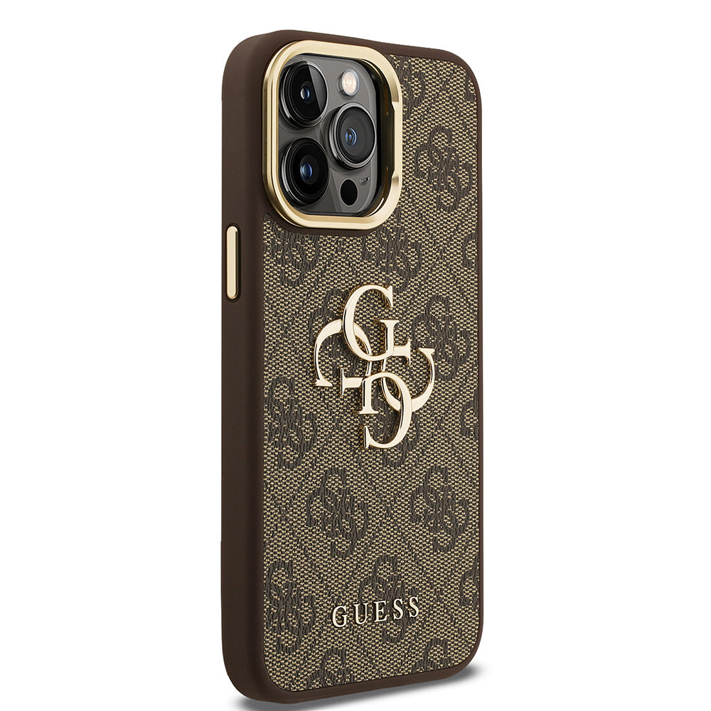 Apple iPhone 13 Pro Max Kılıf Guess Orjinal Lisanslı PU Deri 4G Desenli Metal Büyük 4G ve Yazı Logolu Kamera Standlı Kapak Pembe