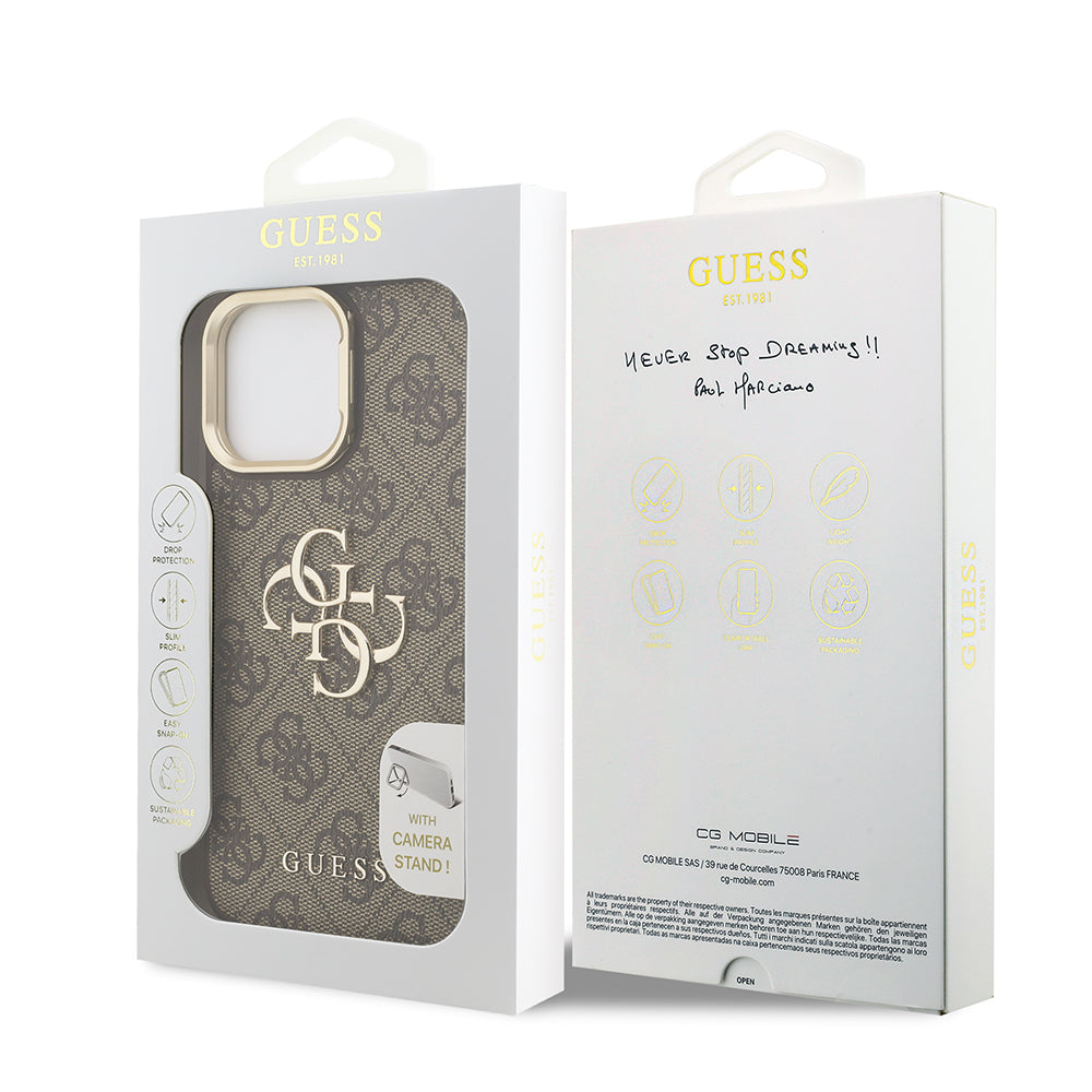 Apple iPhone 13 Pro Max Kılıf Guess Orjinal Lisanslı PU Deri 4G Desenli Metal Büyük 4G ve Yazı Logolu Kamera Standlı Kapak Pembe