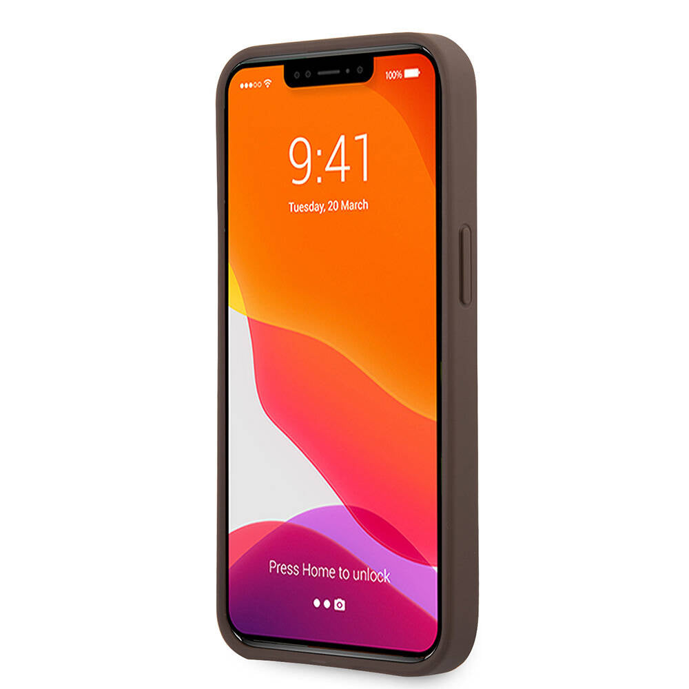 Apple iPhone 13 Pro Max Kılıf Guess Orjinal Lisanslı PU Deri 4G Desenli Metal Büyük 4G ve Yazı Logolu Kapak Kahverengi