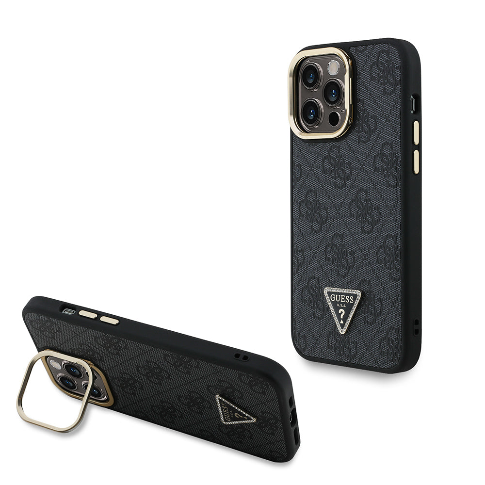 Apple iPhone 13 Pro Max Kılıf Guess Orjinal Lisanslı PU Deri Taşlı Üçgen Logo 4G Desenli Kamera Standlı Kapak Siyah