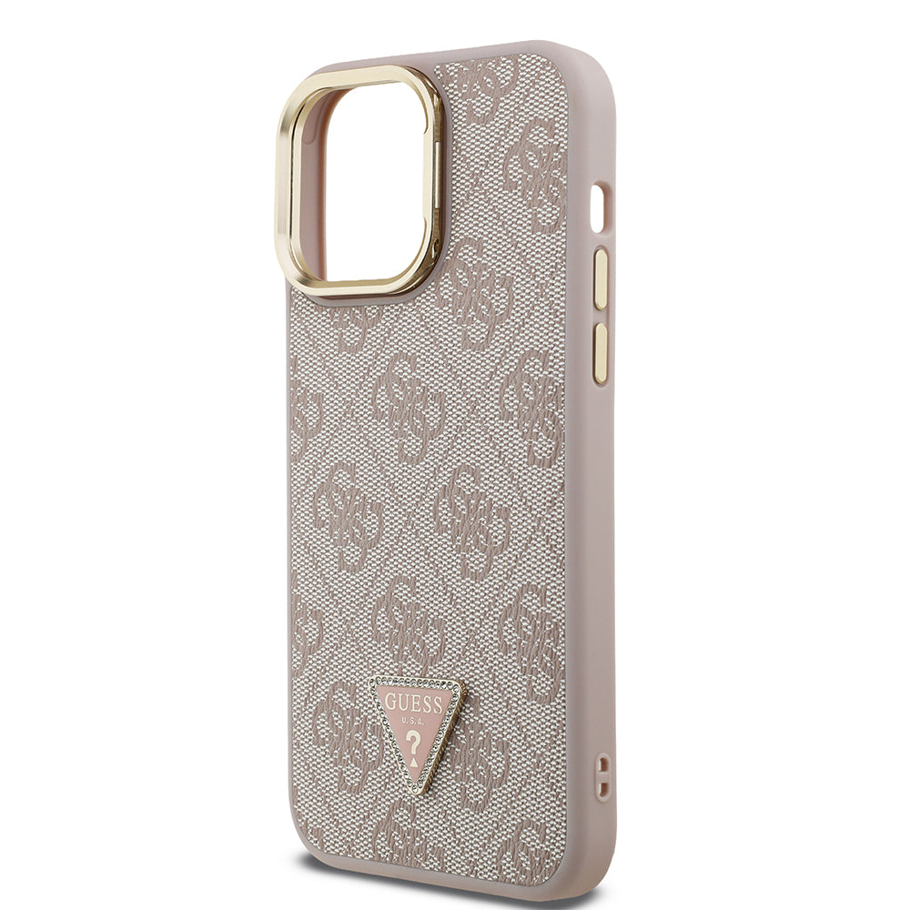 Apple iPhone 13 Pro Max Kılıf Guess Orjinal Lisanslı PU Deri Taşlı Üçgen Logo 4G Desenli Kamera Standlı Kapak Pembe