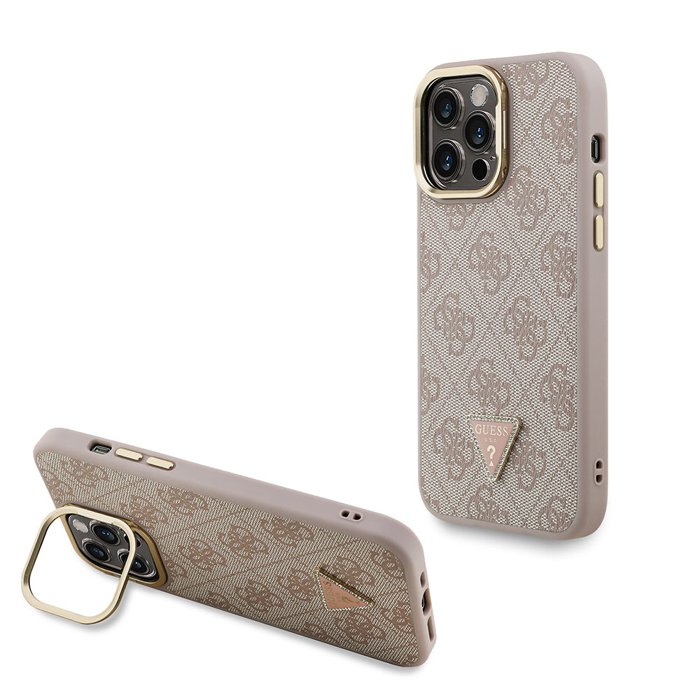 Apple iPhone 13 Pro Max Kılıf Guess Orjinal Lisanslı PU Deri Taşlı Üçgen Logo 4G Desenli Kamera Standlı Kapak Pembe