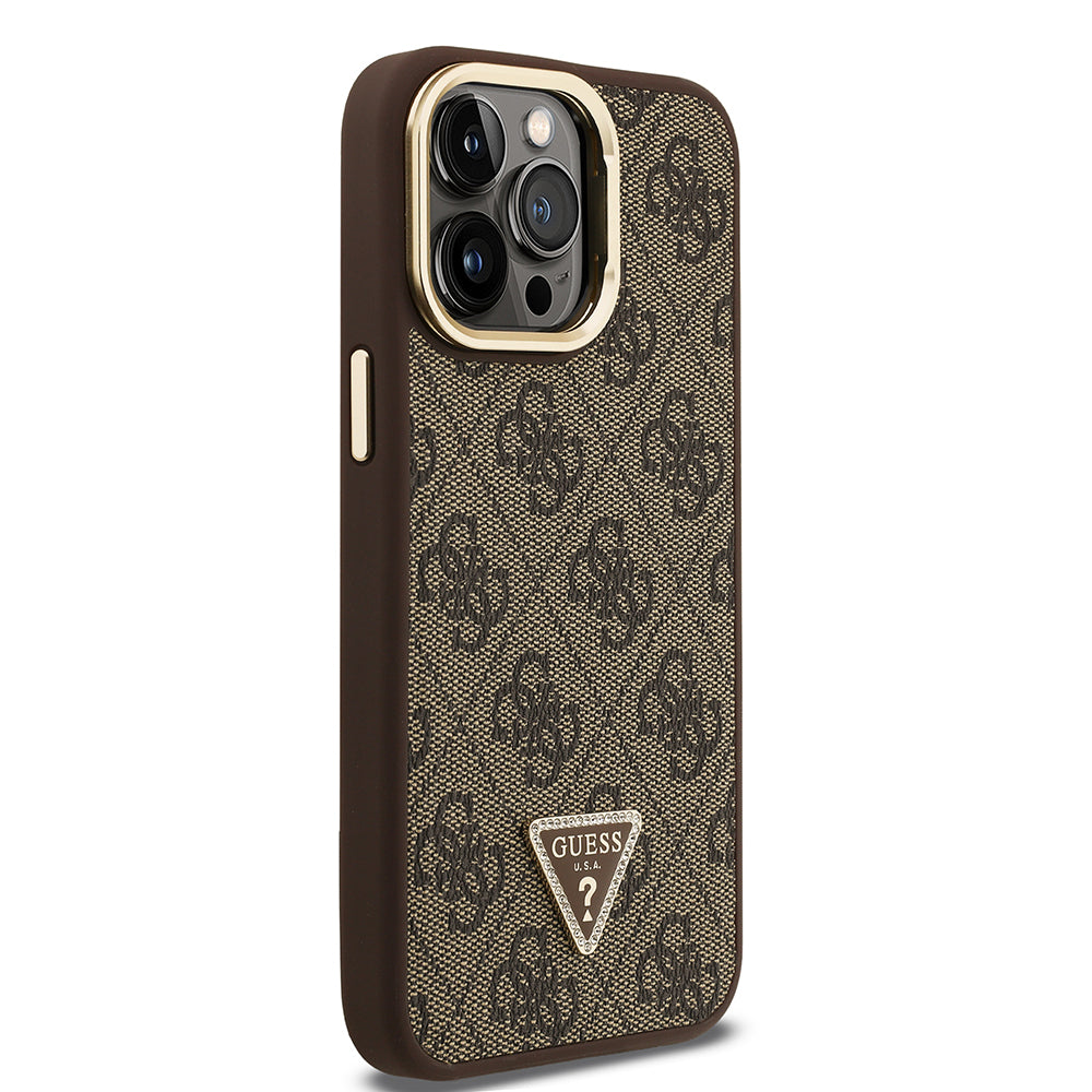 Apple iPhone 13 Pro Max Kılıf Guess Orjinal Lisanslı PU Deri Taşlı Üçgen Logo 4G Desenli Kamera Standlı Kapak Siyah