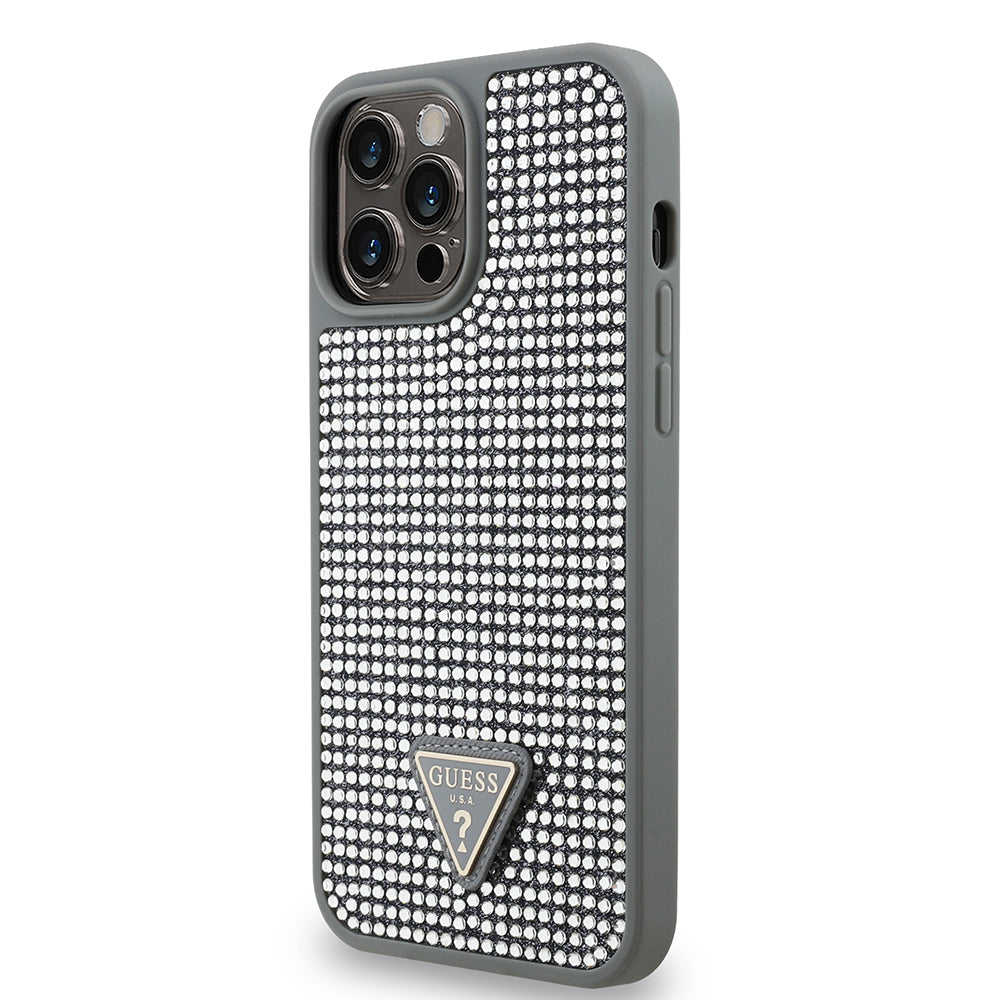 Apple iPhone 13 Pro Max Kılıf Guess Orjinal Lisanslı Taşlı Arka Yüzey Üçgen Logolu Kapak Gümüş