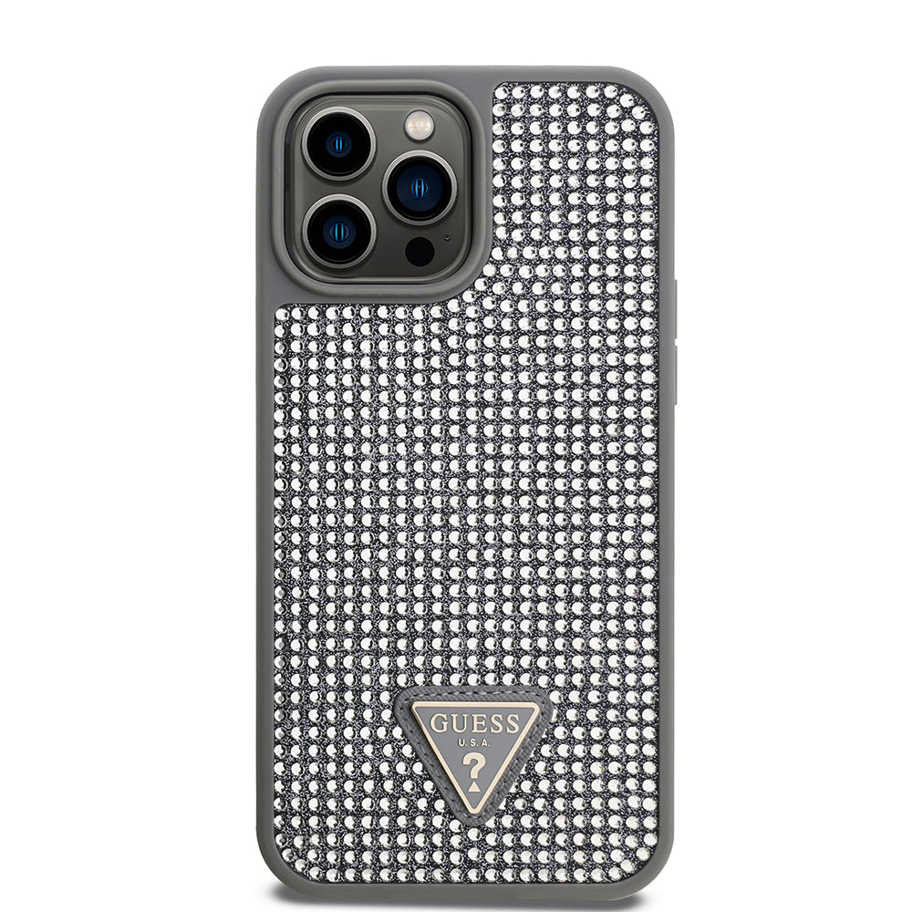 Apple iPhone 13 Pro Max Kılıf Guess Orjinal Lisanslı Taşlı Arka Yüzey Üçgen Logolu Kapak Siyah