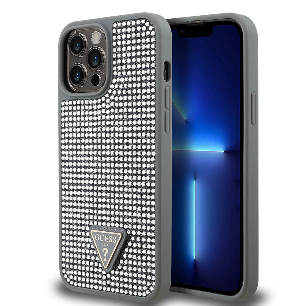 Apple iPhone 13 Pro Max Kılıf Guess Orjinal Lisanslı Taşlı Arka Yüzey Üçgen Logolu Kapak Gümüş