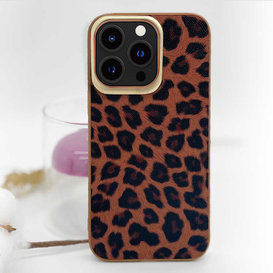 Apple iPhone 13 Pro Max Kılıf Kajsa Glamorous Serisi Leopard Combo Kapak Kahverengi