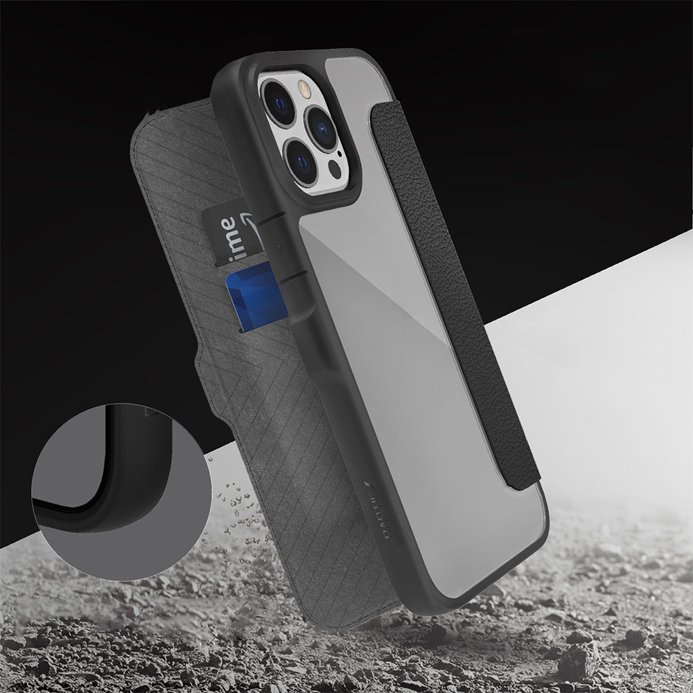 Apple iPhone 13 Pro Max Kılıf Vegan Deri Tasarımlı Şeffaf Arka Yüzey Kartlıklı Raptic Urban Folio Serisi Kapak Siyah