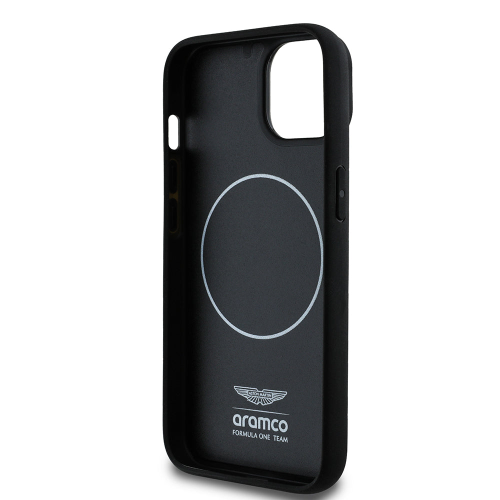 Apple iPhone 14 Kılıf Aston Martin Orjinal Lisanslı M-safe Şarj Özellikli Aluminyum Arka Yüzeyli Formula One Team Baskılı Kapak Siyah