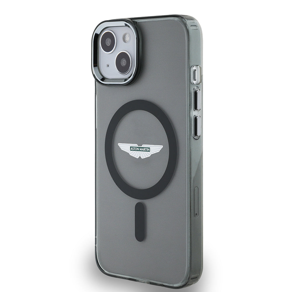 Apple iPhone 14 Kılıf Aston Martin Orjinal Lisanslı M-safe Şarj Özellikli IML Baskı Logolu Metal Düğmeli Kapak Siyah