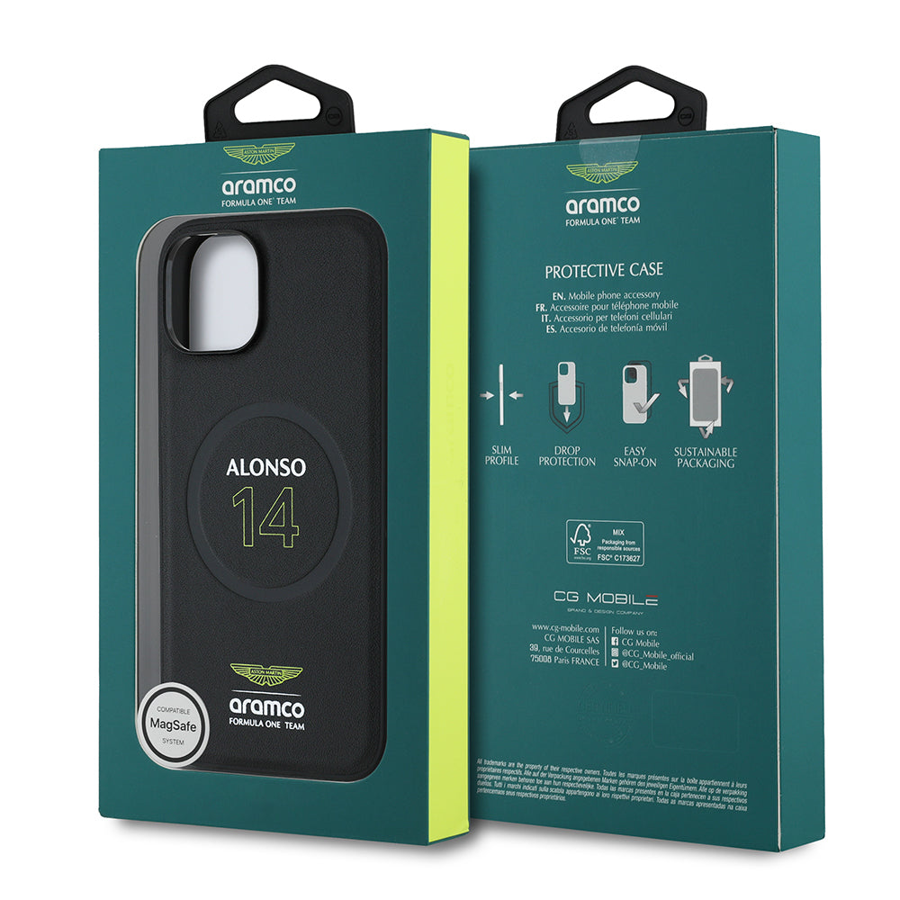 Apple iPhone 14 Kılıf Aston Martin Orjinal Lisanslı M-safe Şarj Özellikli PU Deri Alonso 14 Baskılı Kapak Siyah
