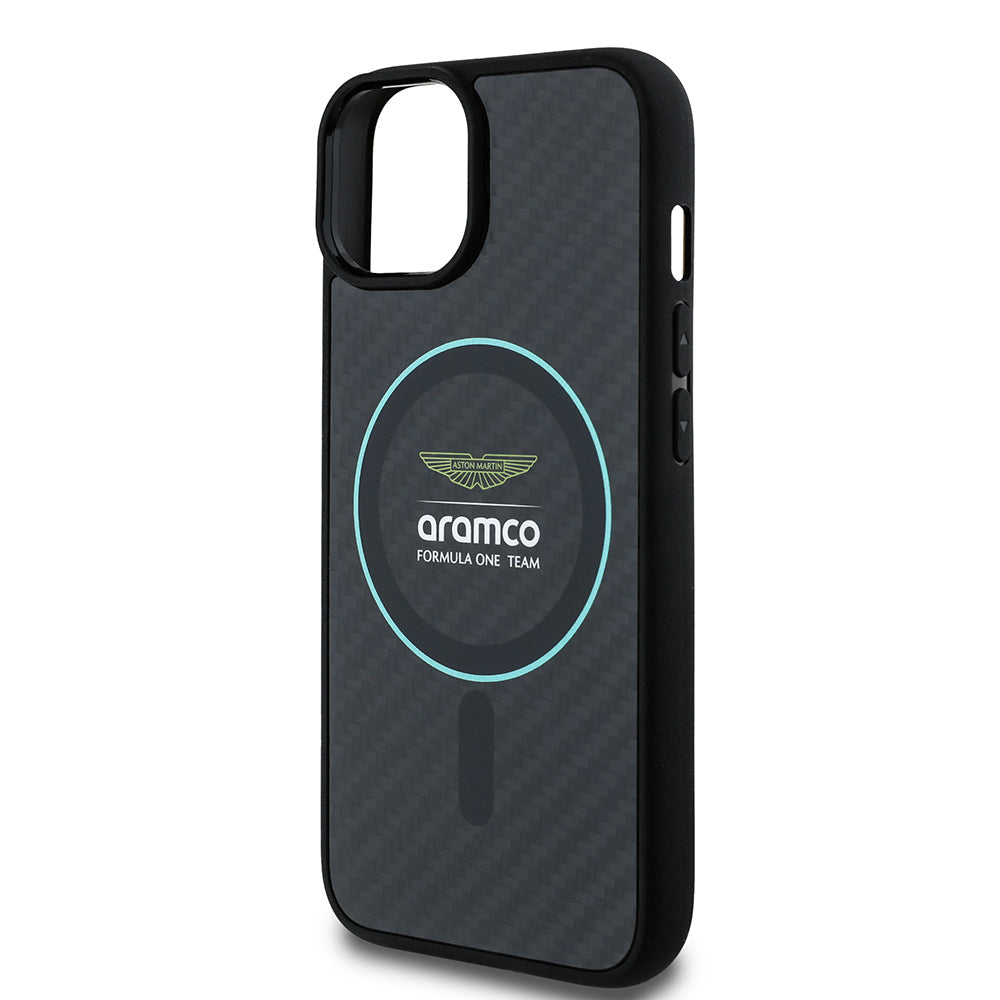 Apple iPhone 14 Kılıf Aston Martin Orjinal Lisanslı M-safe Şarj Özellikli Renkli Halka ve Karbon Fiber Tasarımlı Kapak Siyah-Yeşil