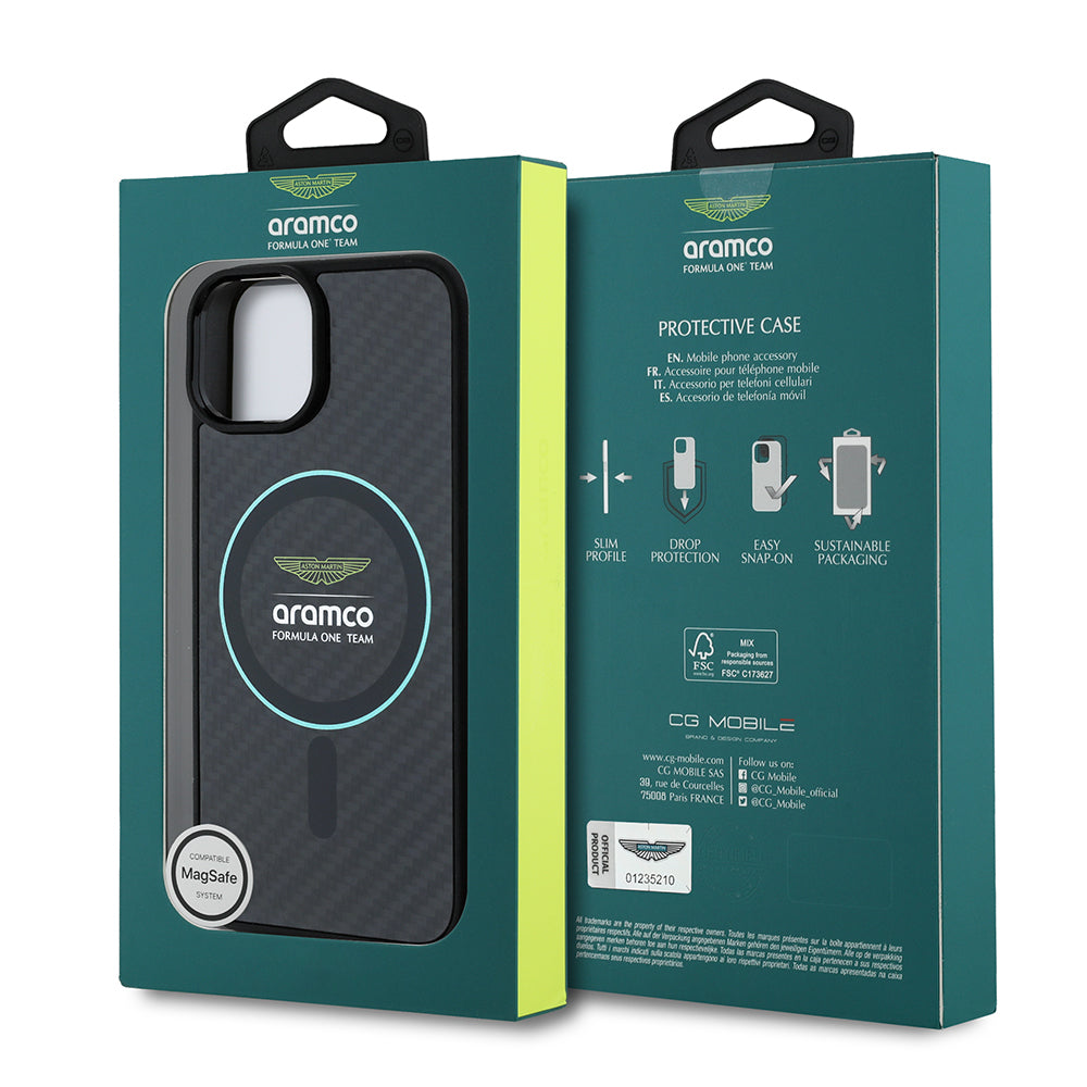 Apple iPhone 14 Kılıf Aston Martin Orjinal Lisanslı M-safe Şarj Özellikli Renkli Halka ve Karbon Fiber Tasarımlı Kapak Siyah-Yeşil