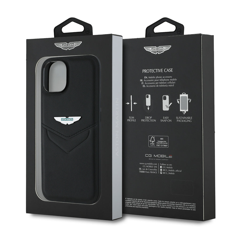 Apple iPhone 14 Kılıf Aston Martin Orjinal Lisanslı Victory Dizayn PU Deri Metal Logolu Kapak Siyah