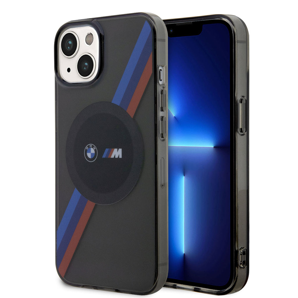 Apple iPhone 14 Kılıf BMW M-safe Şarj Özellikli Transparan 3 Renkli Şerit Dizayn Kapak Gri