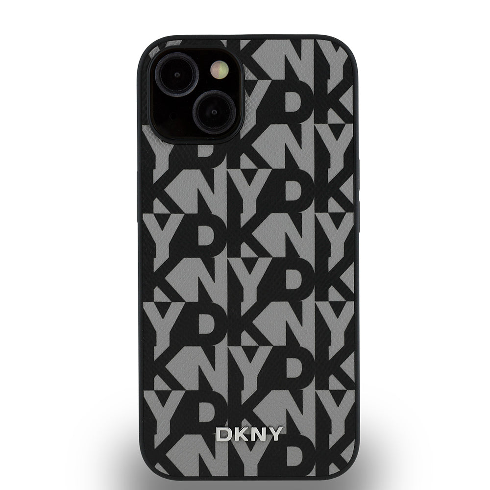 Apple iPhone 14 Kılıf DKNY Orjinal Lisanslı M-safe Şarj Özellikli 3D Yazılı Grid Pattern Kapak Kahverengi