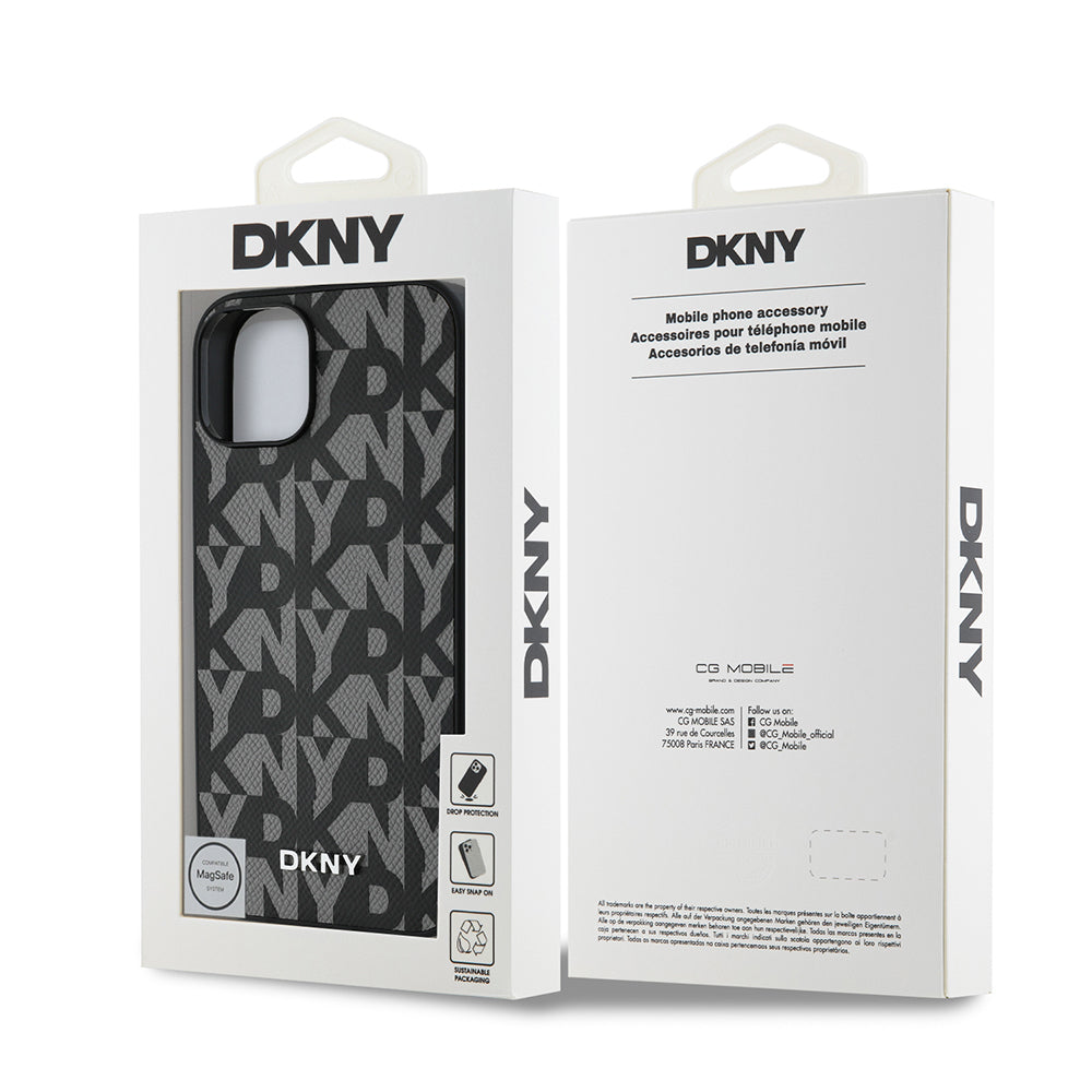 Apple iPhone 14 Kılıf DKNY Orjinal Lisanslı M-safe Şarj Özellikli 3D Yazılı Grid Pattern Kapak Gri