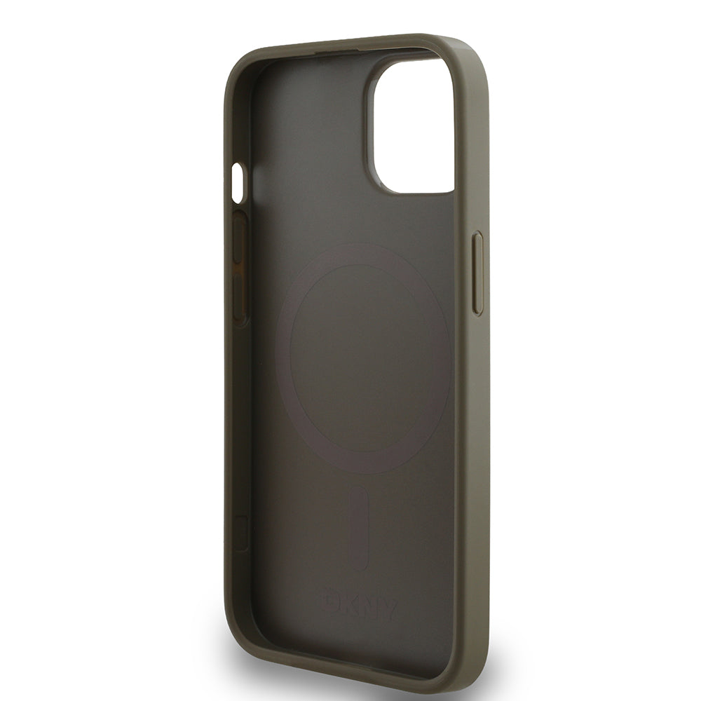Apple iPhone 14 Kılıf DKNY Orjinal Lisanslı M-safe Şarj Özellikli 3D Yazılı Grid Pattern Kapak Kahverengi