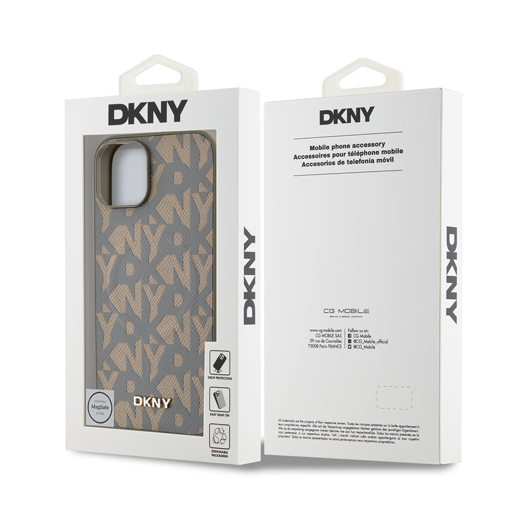 Apple iPhone 14 Kılıf DKNY Orjinal Lisanslı M-safe Şarj Özellikli 3D Yazılı Grid Pattern Kapak Kahverengi