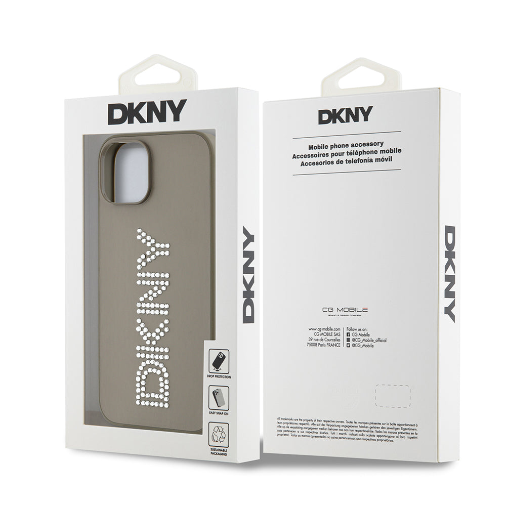 Apple iPhone 14 Kılıf DKNY Orjinal Lisanslı Taşlı DKNY Yazılı Metalik Rhinestones PU Deri Kapak Kahverengi