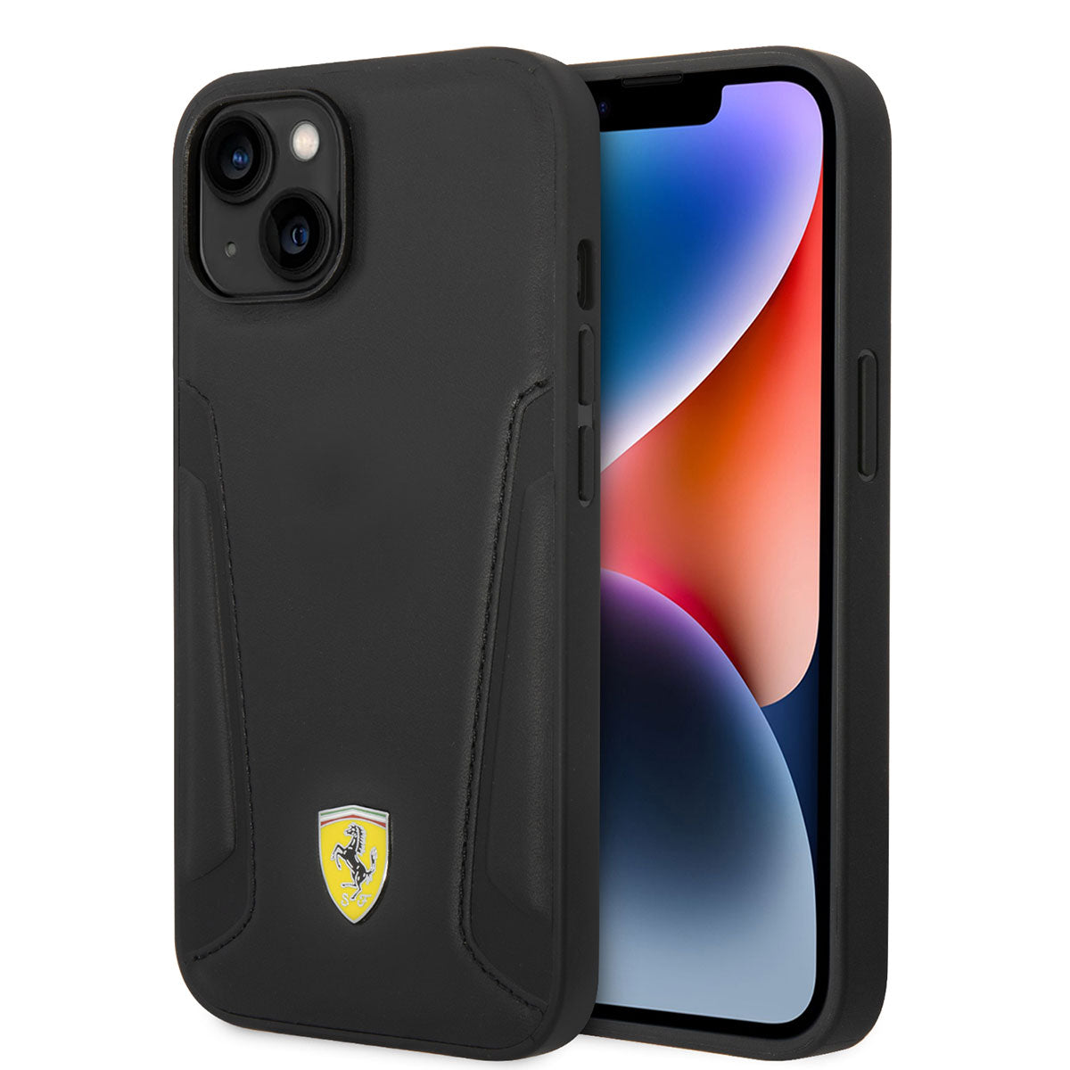 Apple iPhone 14 Kılıf Ferrari M-safe Şarj Özellikli Deri Kenarları Damgalı Dizayn Kapak Siyah