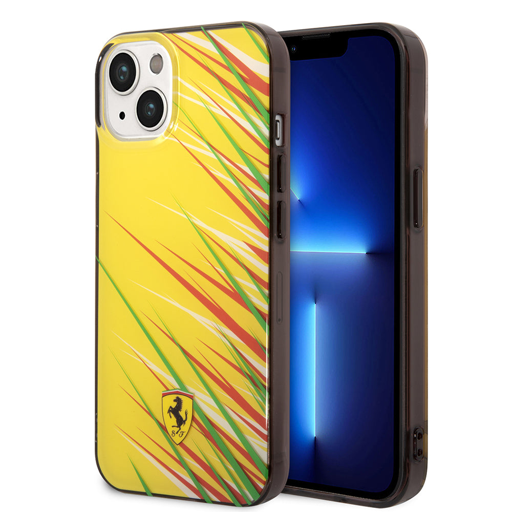 Apple iPhone 14 Kılıf Ferrari Orjinal Lisanslı Baskı Logolu Çimen Desenli Kapak Sarı