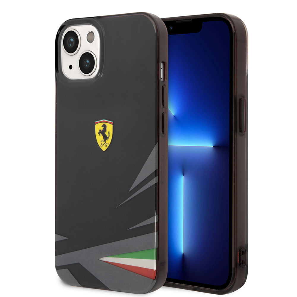 Apple iPhone 14 Kılıf Ferrari Orjinal Lisanslı Baskı Logolu İtalyan Bayrak Baskılı Dizayn Kapak Siyah