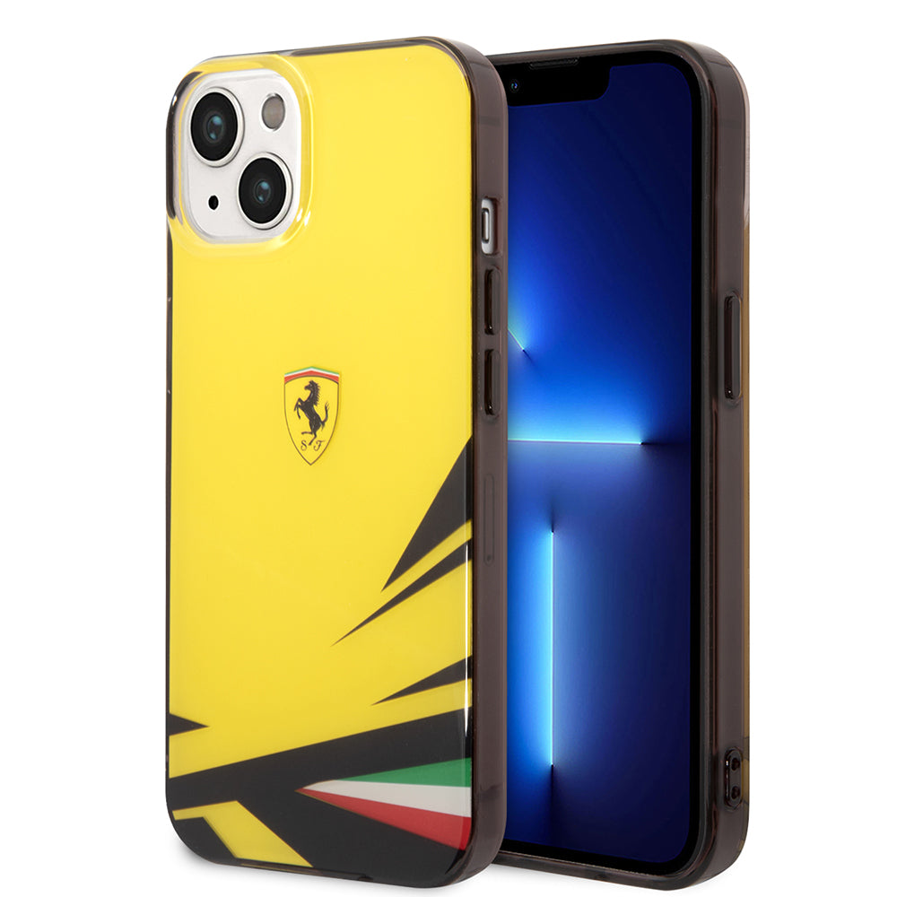Apple iPhone 14 Kılıf Ferrari Orjinal Lisanslı Baskı Logolu İtalyan Bayrak Baskılı Dizayn Kapak Sarı